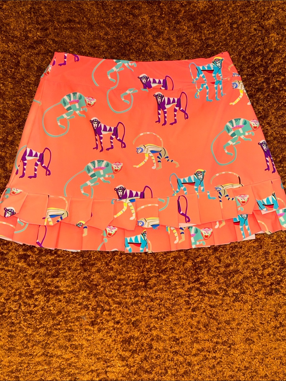 Tzu Tzu Coral Mini Skirt with Multicolor Monkey Motif - Picture 4 of 6